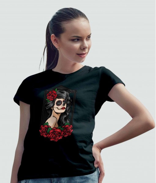 Дамска тениска с щампа Арт Sugarskull women with roses - TShirtArtShop.com